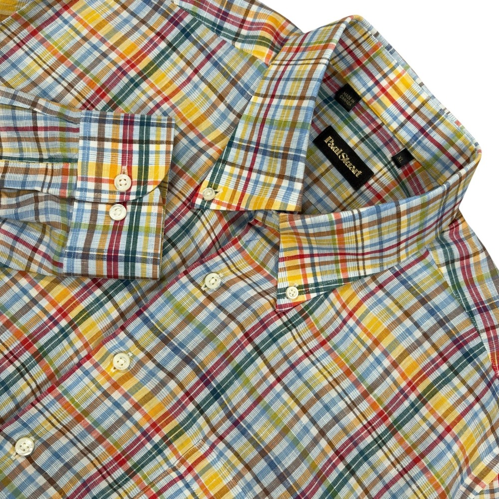 Paul Stuart 100% Linen Shirt Mens XL Multicolor Plaid Long Sleeve Button Down